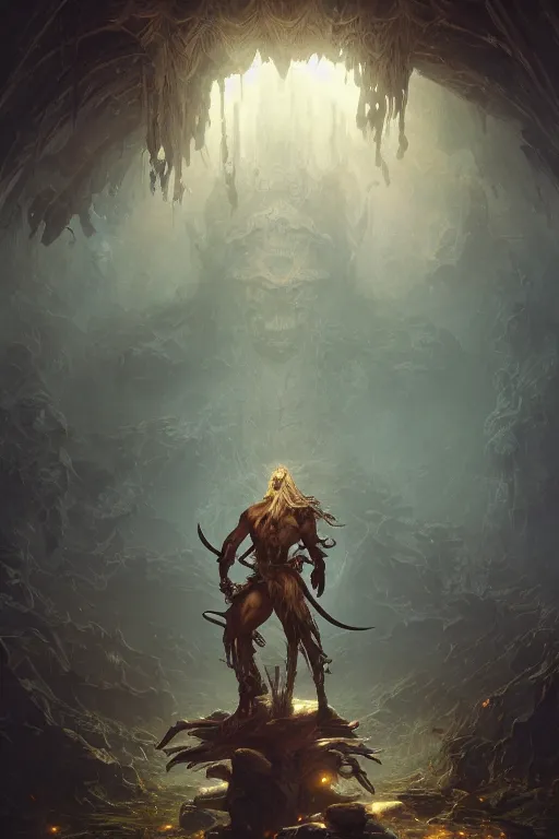Image similar to a photographic portrait of The Ultimate Warrior, carrying swords on his back, standing under a beam of light, a dark cave, intricate, elegant, highly detailed, ornate, beautifully lit, ray traced, octane render, in the style of Peter Mohrbacher and Peter Gric