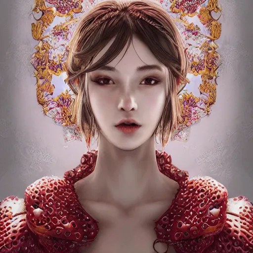 Image similar to the portrait of an absurdly beautiful, graceful, elegant, sophisticated, fashionable young gravure idol made of strawberries and white petals, an ultrafine hyperdetailed illustration by kim jung gi, irakli nadar, intricate linework, bright colors, octopath traveler, final fantasy, unreal engine 5 highly rendered, global illumination, radiant light, detailed and intricate environment