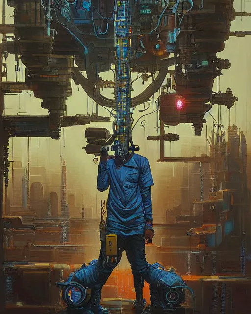 Prompt: a painting of a man holding a machine in his hands, cyberpunk art by les edwards and by michael whelan and by dan mumford, cgsociety, neoplasticism, lovecraftian, future tech, circuitry