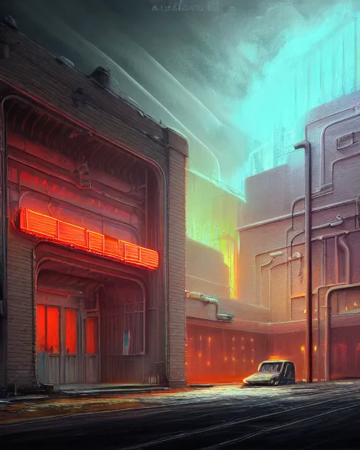 Image similar to a beautiful detailed painting of nature architecture city urbex building unfinished building abandoned industrial architecture fire station by ralph mcquarrie, cgsociety neon signs darkacademia lightpaint at night galactic, archdaily, wallpaper, highly detailed, trending on artstation.