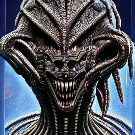 Image similar to space alien, slimy, glossy, sharp teeth, by h. r. giger, nightmare fuel, nightmarish, intricate, highly detailed, optical illusion, stranger things demogorgon