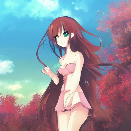 Image similar to anime, full body, girl standing in the top of hill, pixiv, illustration