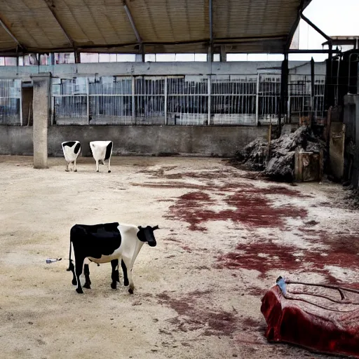 Image similar to dirty bottle of milk and a cow inside slaughterhouse