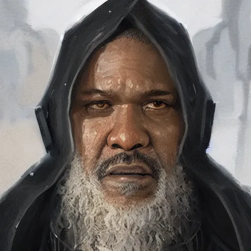 Image similar to portrait of a man by greg rutkowski, old jedi master, black, he looks like laurence fishbourne, star wars expanded universe, he is about 6 0 years old, wearing jedi robes, highly detailed portrait, digital painting, artstation, concept art, smooth, sharp foccus ilustration, artstation hq