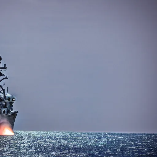 Image similar to Highly detailed photograph of a warship firing its naval automatic gun, HDR, 8k