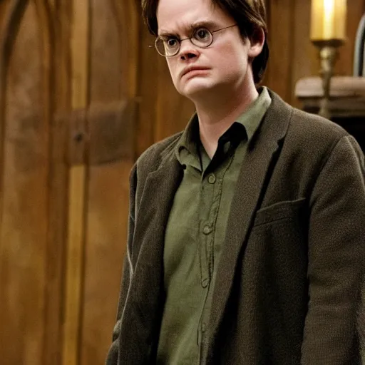Prompt: dwight schrute playing harry potter in a harry potter movie