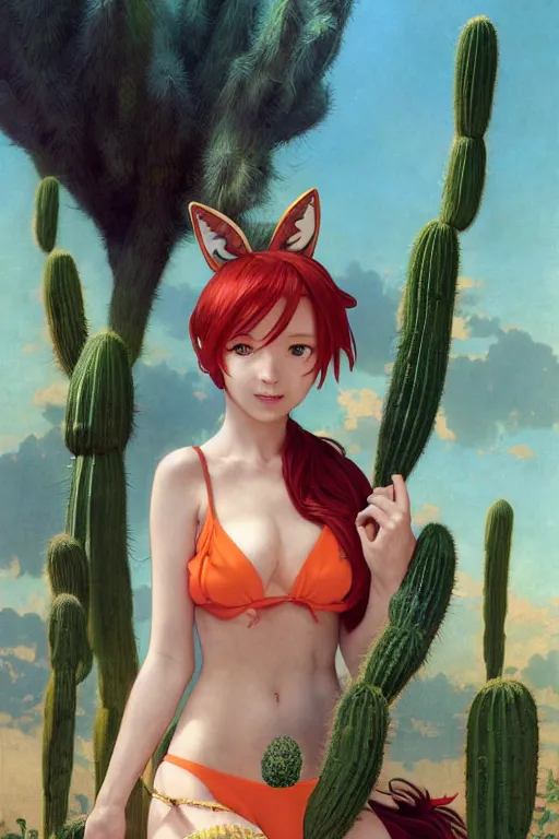 Prompt: Portrait of red-haired anime girl with fox ears and an evil grin in orange bikini holds a cactus in her arms cinematic lighting, intricate, elegant, highly detailed, digital painting, artstation, smooth, sharp focus, illustration, art by Yoshitaka Amano, artgerm and greg rutkowski and alphonse mucha and william-adolphe bouguereau