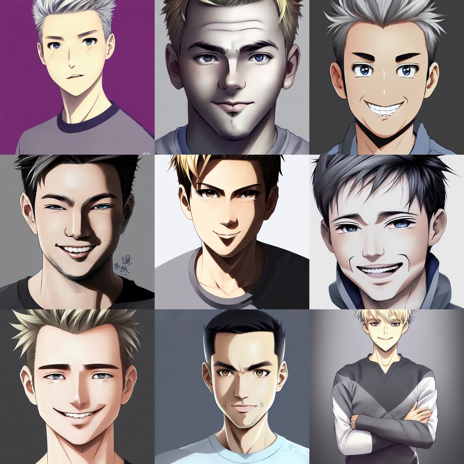 Prompt: A medium shot anime portrait of a smiling anime man with short blonde hair and grey eyes, grey-eyed, short facial hair, medium shot portrait, his whole head fits in the frame, solid color background, flat anime style shading, head shot, 2d digital drawing by Stanley Artgerm Lau, WLOP, Rossdraws, James Jean, Andrei Riabovitchev, Marc Simonetti, and Sakimi chan, trending on artstation