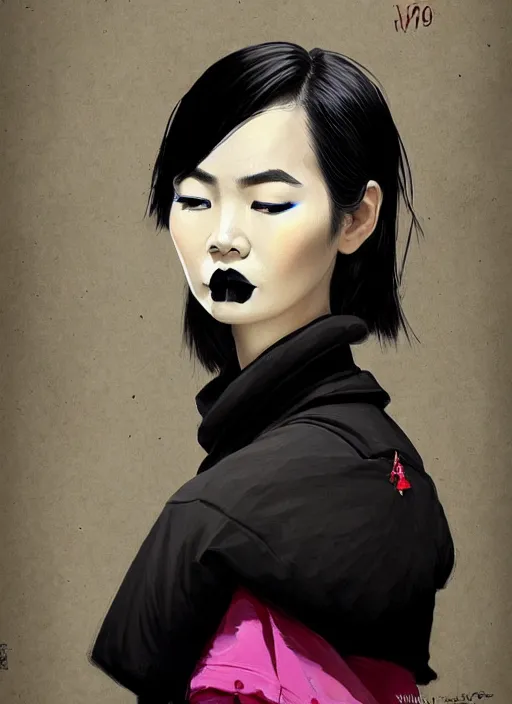 Image similar to portrait of a thai woman with crooked nose and a confident expression, 1 9 6 0 s, black clothes, goth, punk, brightly coloured hair, funk, intricate, elegant, highly detailed, digital painting, artstation, concept art, smooth, sharp focus, illustration, art by wlop, mars ravelo and greg rutkowski