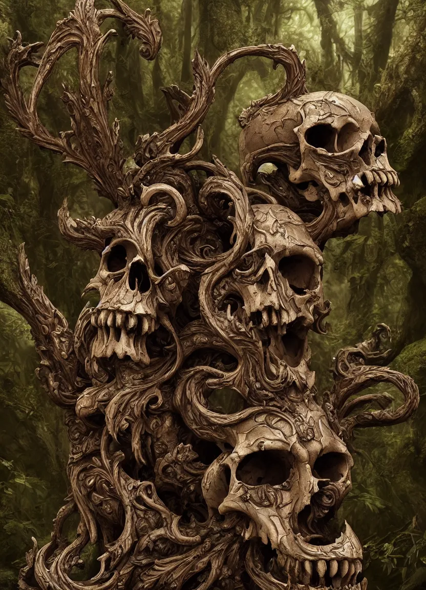 Image similar to ornate carved rat skull statue inside ancient forest, natural light, artwork by neil gaiman maria panfilova andrea savchenko mike kime ludovic plouffe qi shengluo oliver cook julian calle eddie mendoza, trending on artstation