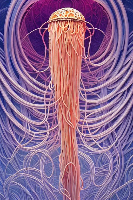 Image similar to beautiful spaghetti jellyfish, ethereal art deco, fantasy, intricate art deco pasta designs, elegant, highly detailed fractals, sharp focus, art by artgerm and beeple and greg rutkowski and wlop