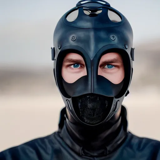 Image similar to medium face shot of adult Austin Butler with exposed head ((((mask)))), dressed in black-prussian blue futuristic-tudoresque clothing with embroidered-Ram-emblem, and nanocarbon-vest, in an arena in Dune 2021, XF IQ4, f/1.4, ISO 200, 1/160s, 8K