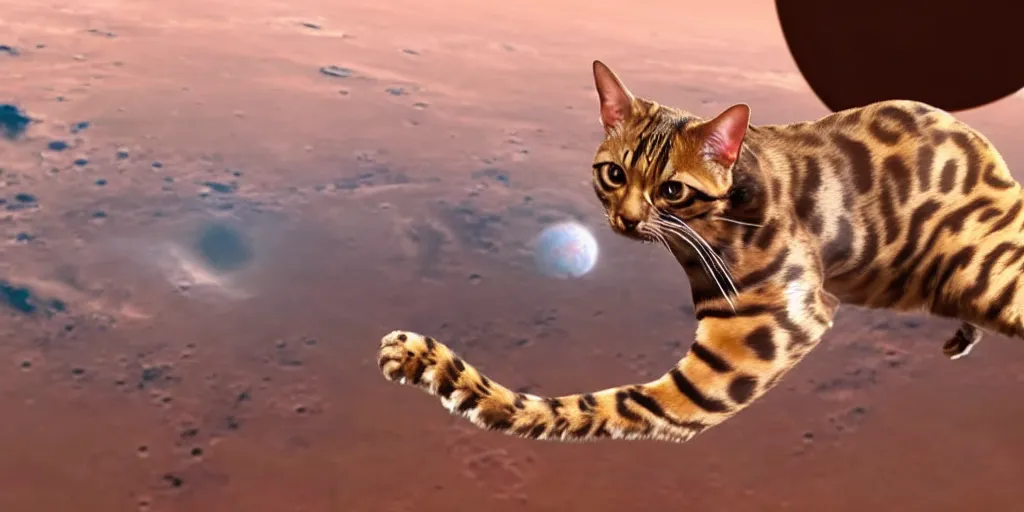 Image similar to bengal cat flying open space in space suit to the mars, cinematic, ultra realistic