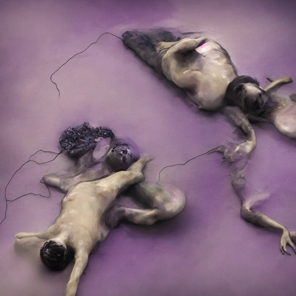 Image similar to macro of iridiscent oil spill with women corpses connected by cables and computers to wax forms to a buried baby relaxing on yoga mat, faded, iridiscent gradient, dust, purple fog, depth of field, by nadav kander and hans bellmer, 8 k, ultrarealistic, sad atmosphere, cinematic