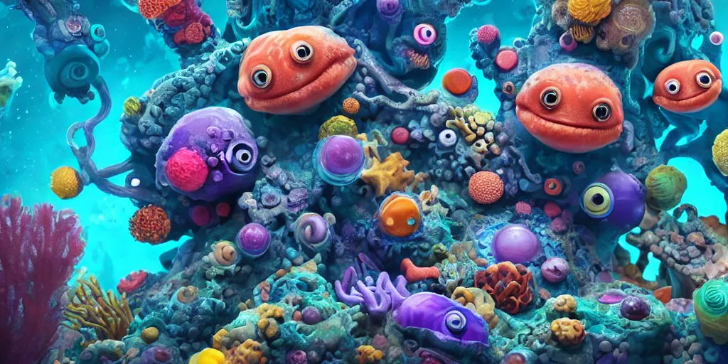 Image similar to of a colorful deep sea under water with strange cute friendly happy creatures with huge eyes, mouth, long tongue and round teeth appearing from sandy coral, in the style of gehry and gaudi, macro lens, shallow depth of field, ultra detailed, digital painting, trending artstation, concept art, illustration, cinematic lighting, photorealism, epic, octane render