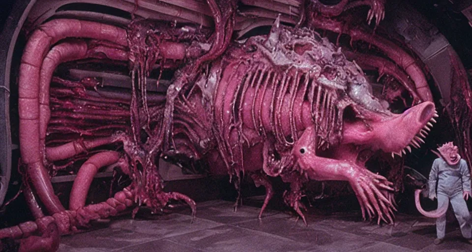 Image similar to peppa the pig infected by xenomorph from movie alien 1 9 7 9, staying at nostromo spaceship. extreme long shot, 4 k, cinestill, giger, hermann nitsch, dark colors