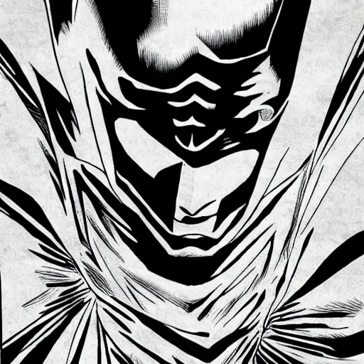 Image similar to Batman portrait in the style of Junji Ito. Manga. Black & White. Gothic. Horror. Exquisitely detailed. 4K.