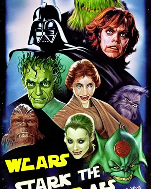 Prompt: a classic Star Wars Return of the Jedi movie poster with Batman, the Joker, the Green Goblin, and Catwoman
