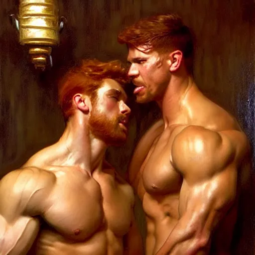 Image similar to attractive muscular mike with ginger hair with muscular attractive tyler with brunet hair, drinking their hearts out, in a pub. very defined and highly detailed painting by gaston bussiere, j. c. leyendecker, craig mullins 8 k