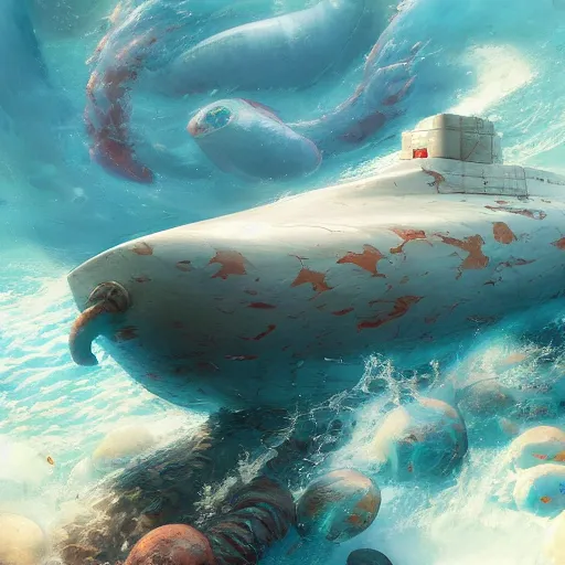 Prompt: subsurface scattering, white, giant submarine, koi colors, not koi, octane render, jesper ejsing, justin gerard, james jean, tomasz alen kopera, cgsociety, fenghua zhong, makoto shinkai, highly detailed, rim light, art, cinematic lighting, very coherent, hyper realism, 8 k