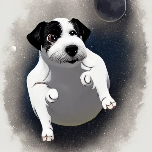 Image similar to cute jack black and white russel terrier jumping over the moon in the night sky, large round eyes, concept art, game art, character sheet, character design, by cory loftis and bill schwab