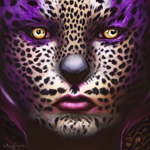 Image similar to Warlock with leopard traits. Character portrait, face close-up, of an anthro leopard warlock in the style of Bastien Lecouffe-Deharme