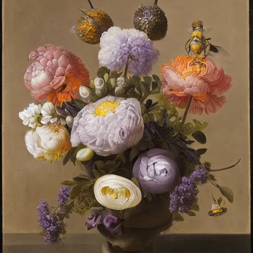 Prompt: still - life of bouquet of lilac and ranunculus with honeycomb bees and birds feathers, rachel ruysch, dark, moody