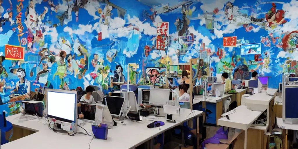 Prompt: a flickr screenshot of an abandoned internet cafe with a blue wall mural, and a japanese sign, with artworks of people playing on computers on the mural