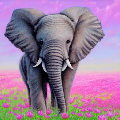 Image similar to cute fuzzy baby elephant with subtle pastel pattern on body in field of pastel flowers detailed painting 4k