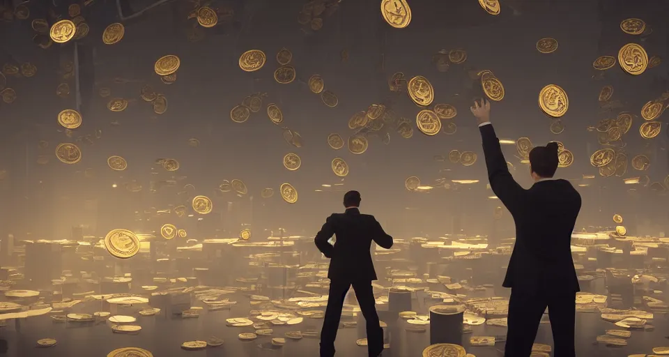 Image similar to Dramatic photo of a CEO waving to a large group of his coworkers in a futuristic office. Golden coins are levitating all around them. 8k, high detail, trending on Artstation, volumetric lighting, cyberpunk