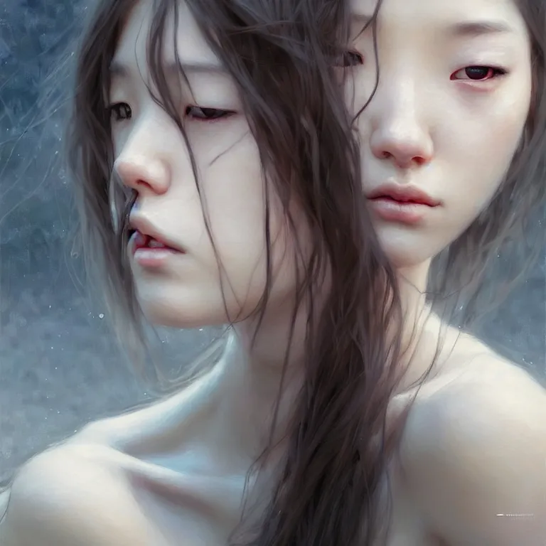 Image similar to epic cinematic portrait of a girl by the river, portrait as miho hirano, with loose white hair, shiny skin, slim figure, small details, realistic poster with three - dimensional dramatic light, artgerm, jeremy lipkin and michael garmash, unreal engine, radiant light, detailed and complex environment, digital art, trends at art station