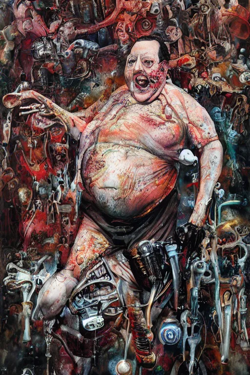 Image similar to paul blart full body shot, hyper - realistic oil painting, body horror, biopunk, by ralph steadman, francis bacon, hunter s thompson