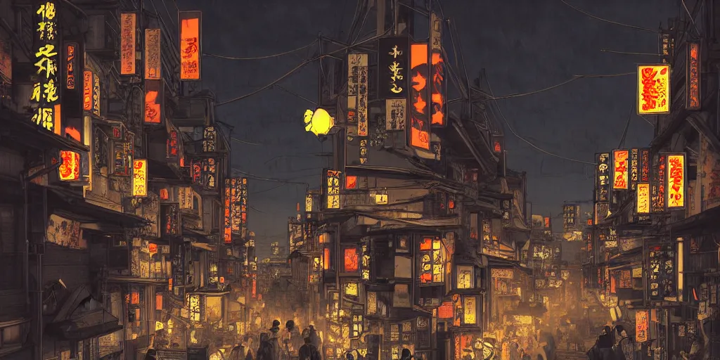 Image similar to feudal japan tokyo street at night, street level, cinematic lighting, 4k, trending on artstation, lots of lights, lots of signs, intricate illustration, digital art, ultra detailed, art by albert bierstadt