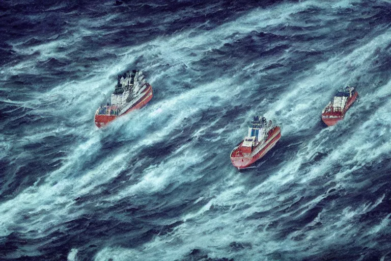 Image similar to merchant ship fleet in a storm, in the style of vernon grant and chris van allsburg, raging stormy sea, trending on artstation, bright tilt - shift camcorder effect, photoshop, retrowave, hyperrealism, octane, sharp focus, masterpiece