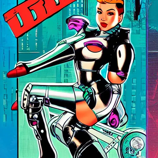 Prompt: cyborg pinup front cover shiny future retro