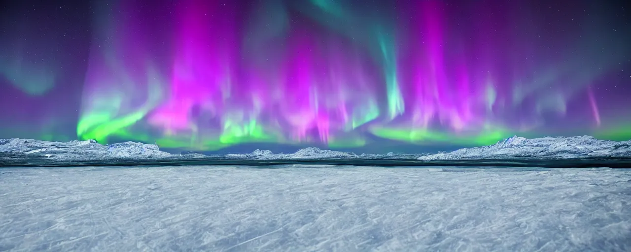 Prompt: Surreal image of beautiful Aurora Borealis in sky over frozen sea coast at night