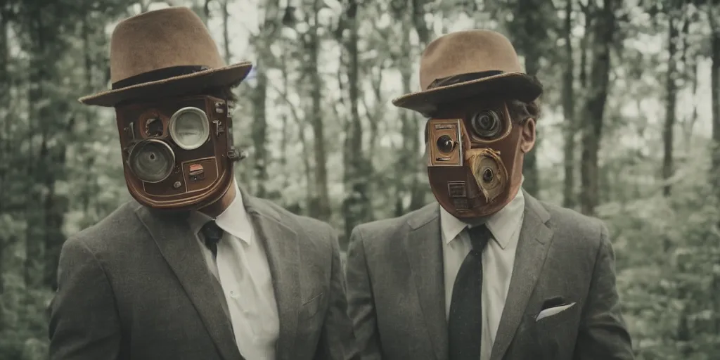 Prompt: a man wearing a brown suit and a mask that is connected to a homemade time machine, cinematic, 8 5 mm lens, shot on arri alexa, atmospheric