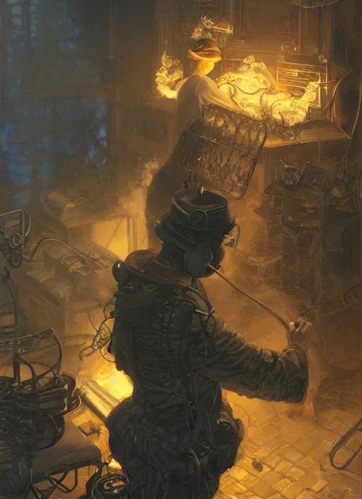Image similar to A telemarketer made from fire and thick steam, torch shadows, foggy night, intricate, elegant, highly detailed, donato giancola, Joseph Christian Leyendecker, WLOP, Boris Vallejo, Artgerm