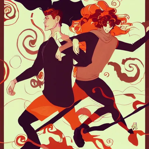 Prompt: a drawing of a young man with brown hair and a young muscular man with orange hair running frantically together, a poster by victo ngai and krenz cushart, pixiv contest winner, art nouveau, official art, wiccan. colorful. beautiful.