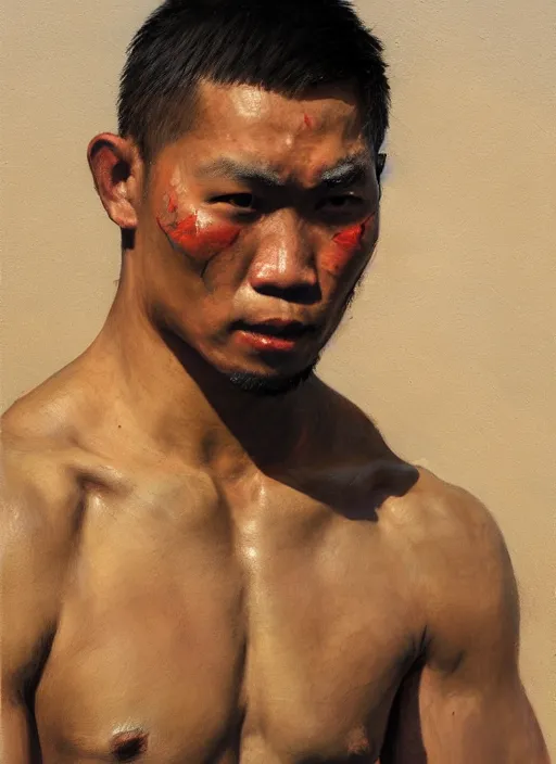 Prompt: greg manchess side portrait of a filipino mma fighter struck by a sword, organic painting, sunny day, matte painting, bold shapes, hard edges, street art, trending on artstation, by huang guangjian, gil elvgren, ruan jia, randy vargas, greg rutkowski