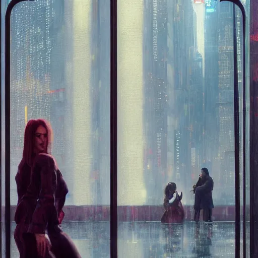 Prompt: detailed portrait of a woman, moment, cyberpunk cloisters, electronic billboards, tech noir, wet reflections, atmospheric, ambient, livia prima, greg rutkowski, edward hopper, pj crook