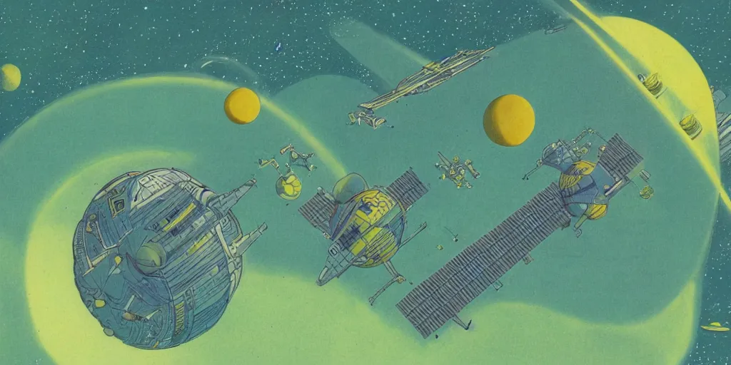 Prompt: A 1970s space station floating over a green and yellow planet in space, detailed illustration, Moebius