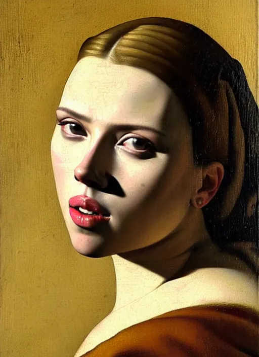 Image similar to portrait of scarlett johansson, oil painting by johannes vermeer, 1 7 th century, art, close up, oil on canvas, wet - on - wet technique, realistic, expressive emotions, intricate textures, illusionistic detail