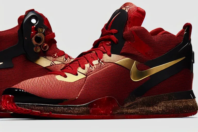 Image similar to mid product still of The New metallic red and gold Ironman Nike sneakers with glowing arc reactor swoosh and carbon fiber accents, 4k