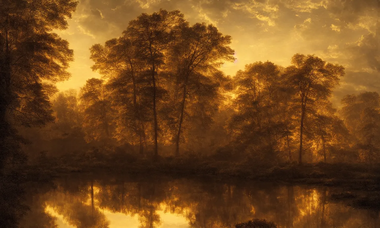 Prompt: a dark pond during golden hour. andreas achenbach, mikko lagerstedt, zack snyder, tokujin yoshioka