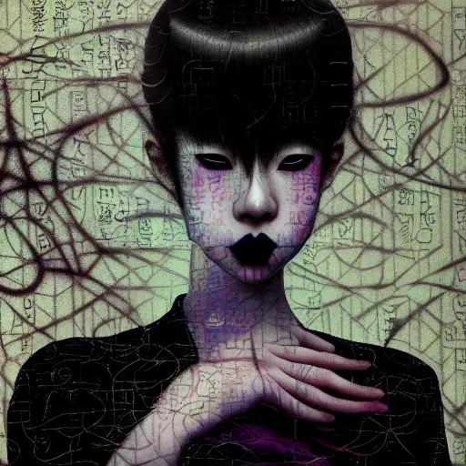 Image similar to yoshitaka amano blurred and dreamy realistic three quarter angle portrait of a young woman with black lipstick and black eyes wearing dress suit with tie, junji ito abstract patterns in the background, satoshi kon anime, noisy film grain effect, highly detailed, renaissance oil painting, weird portrait angle, blurred lost edges