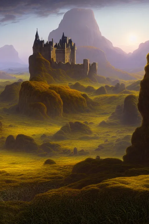 Prompt: a beautiful digital illustration painting of a detailed gothic fantasy endless plains of scottish highlands with castle in the distance, by benoit b. mandelbrot, steven belledin, martin johnson heade, lee madgwick, caspar david friedrich, and david rios ferreira. 8 k resolution trending on artstation concept art digital illustration