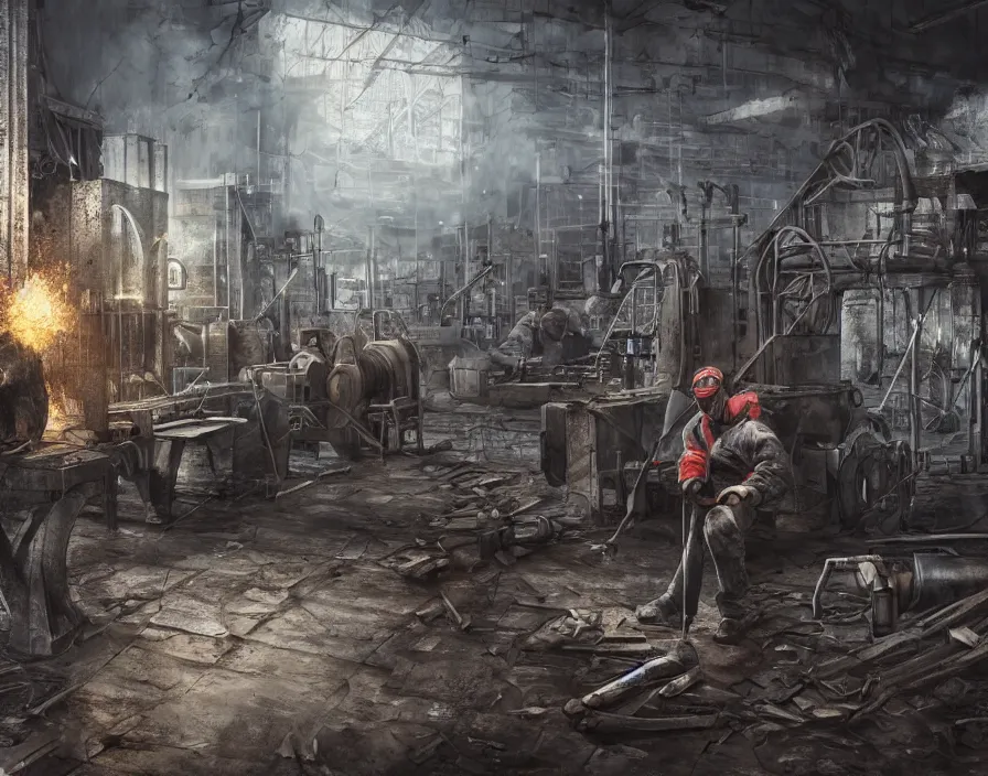 Image similar to mr. beast working in russia metal factory, beautiful texture, beautiful graphics, fantasy artwork, very beautiful scenery, hd, hdr, ue 5, ue 6, unreal engine 5, cinematic 4 k wallpaper, 8 k, ultra detailed