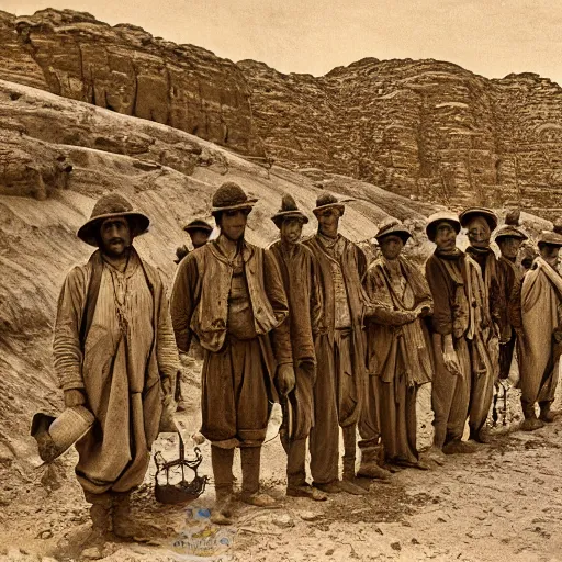 Image similar to ultra detailed photorealistic sepia - toned line drawing from 1 9 1 7, a small group of british soldiers standing with bedouin traders in traditional arab garb, at an archaeological dig site in wadi rum, ultra realistic, painted, intricate details, lovecraft, atmospheric, dark, horror, brooding, highly detailed, by clyde caldwell