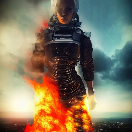 Prompt: a woman up there, sci - fi, town down there, on fire, giant, photoshop, creative and cool, photo manipulation, low angle